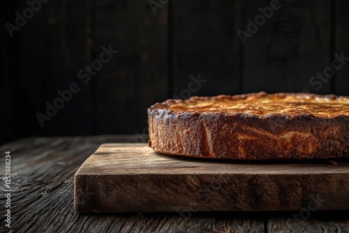 Freshly baked cheesecake resting on a wooden board in a rustic kitchen