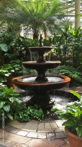 Serene water fountain surrounded by lush greenery in a garden setting during ...
