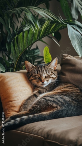 Cat resting peacefully on sofa beside lush green plants in cozy indoor setting