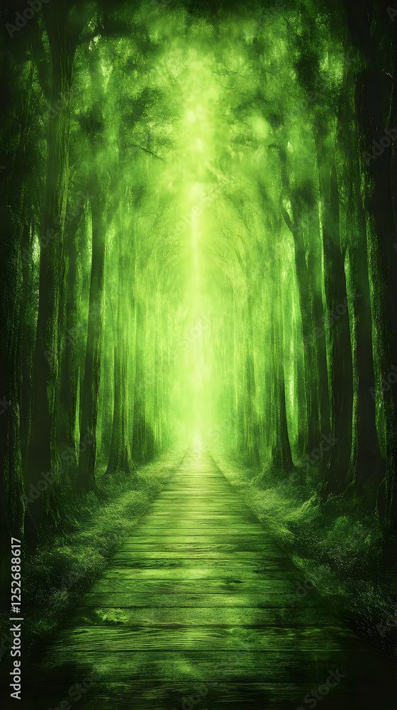 Obraz premium Green forest path, light ahead, nature background