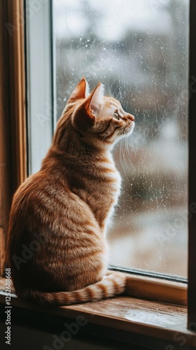 Cat gazing out of window at lush green garden during a sunny afternoon