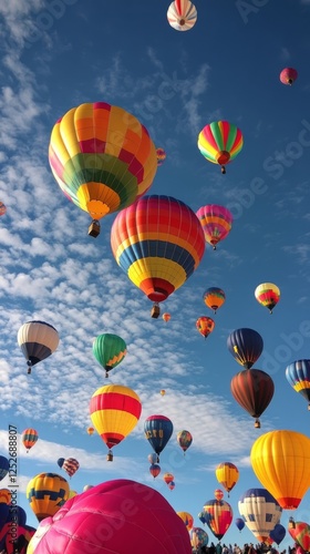 Girl gazes at colorful balloons floating in a bright blue sky on a sunny day