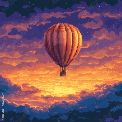 Low pixel art hot air balloon floating in a clear sky, vibrant colors, whimsical design, transparent background for versatile use