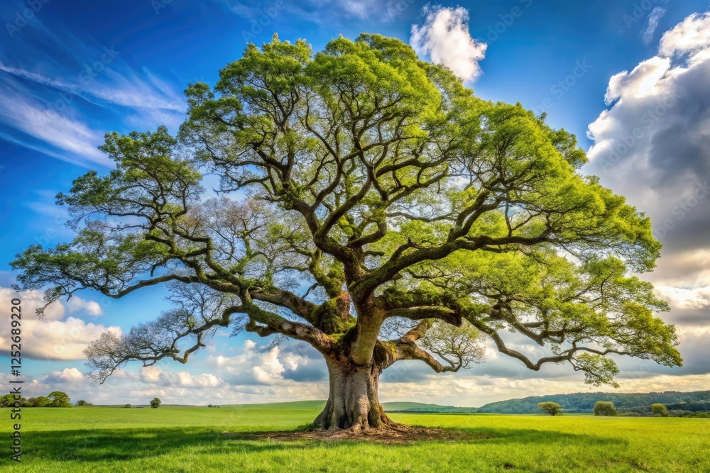 Mature oak tree with gnarled branches and twisted trunk standing alone in a field on a sunny day, tree, forest, foliage, seasonal change, countryside Mature oak tree with gnarled branches and twisted trunk standing alone in a field on a sunny day, tree, forest, foliage, seasonal change, countryside