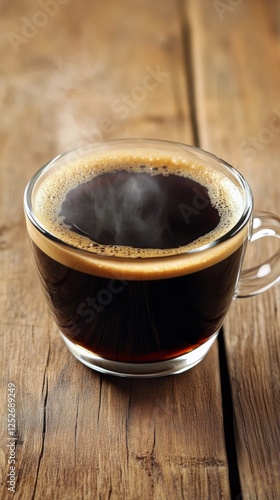Steam rises from a freshly brewed cup of coffee on a wooden table in a cozy caf