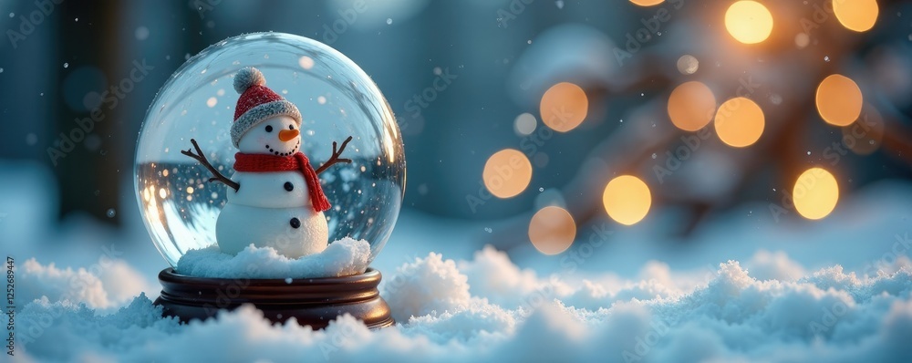Naklejka premium Miniature snowman in a Christmas-themed snow globe, frosty background, small snowman