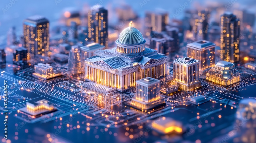 Obraz premium A stunning aerial view of a futuristic cityscape at night, illuminated with lights, showcasing modern architecture and digital networks.