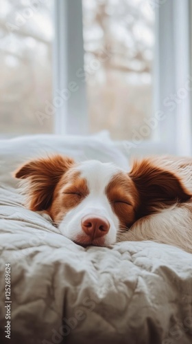 Dog peacefully resting on a cozy bed by the window during a calm afternoon