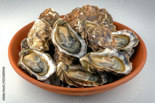 Fresh oysters served on a decorative plate at a coastal restaurant in the lat...