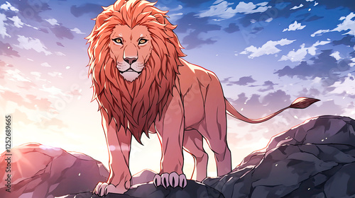 Lion standing majestically on a rock with a golden mane against a natural background in an anime style illustration photo