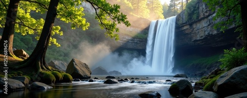 Mist rises from small waterfalls as sunlight breaks through trees in serene Yosemite Valley scene, tree, foliage
