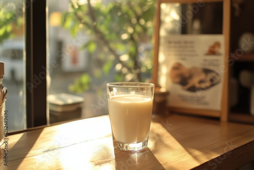 Fresh milk in a glass on a wooden table beside a window with dried flowers in...