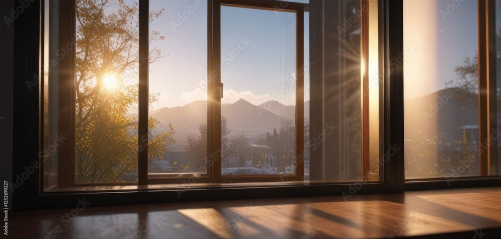 Fototapeta premium Morning sunlight casting a glow through window glass, morning glow, soft illumination
