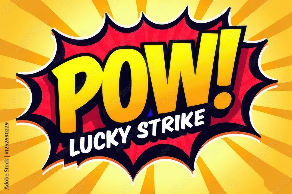 Vibrant Comic Book Style POW Illustration with Lucky Strike Text and Sunburst Background Vibrant Comic Book Style POW Illustration with Lucky Strike Text and Sunburst Background