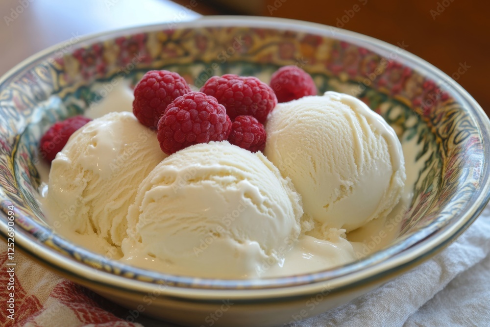 Creamy vanilla ice cream scoop with fresh raspberries in a bowl for a summer treat Creamy vanilla ice cream scoop with fresh raspberries in a bowl for a summer treat