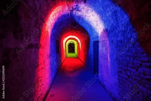 Colorful light tunnel in an underground passage with vibrant illumination eff...