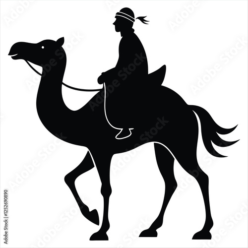 Black silhouette man ride camel 