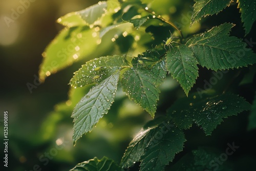 Bright green beetles cluster on leafy plant under natural light in a lush env...