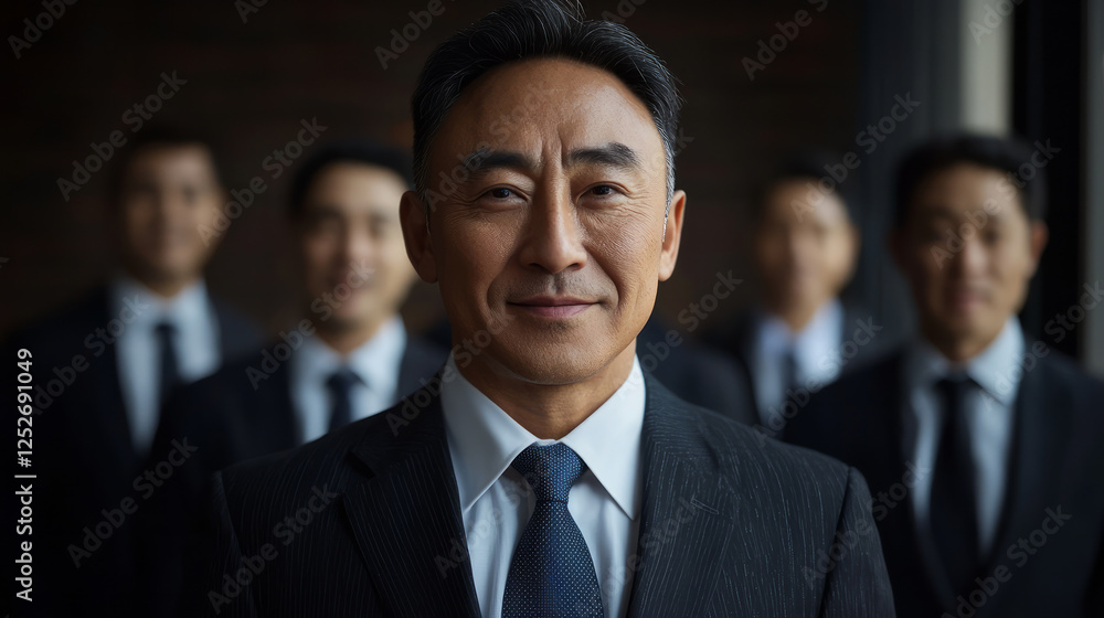 A middle-aged Asian man, dressed as the leader of an office team at work, generative AI A middle-aged Asian man, dressed as the leader of an office team at work, generative AI