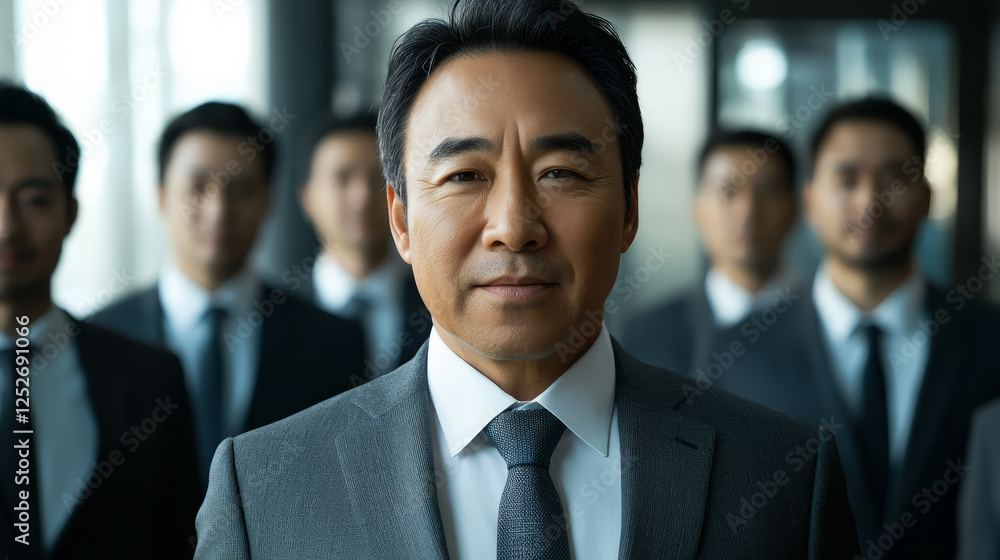 A middle-aged Asian man, dressed as the leader of an office team at work, generative AI A middle-aged Asian man, dressed as the leader of an office team at work, generative AI