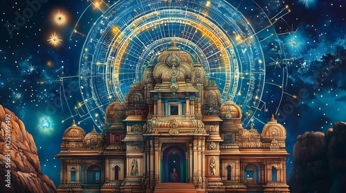 A traditional Indian temple with murals depicting celestial themes related to Vedic astrology photo