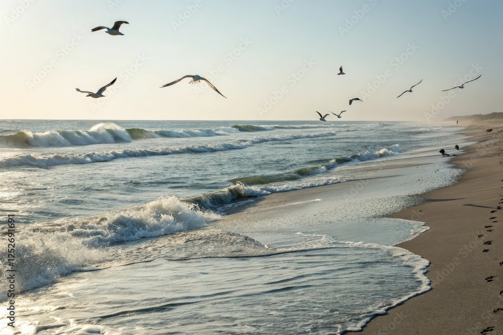 Ocean waves gently lapping at the shore as seagulls fly overhead, natural waves, beach scenery, seaside atmosphere, wave action Ocean waves gently lapping at the shore as seagulls fly overhead, natural waves, beach scenery, seaside atmosphere, wave action