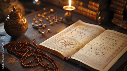 A Vedic astrologer’s desk with an open manuscript, mala beads, and planetary charts photo