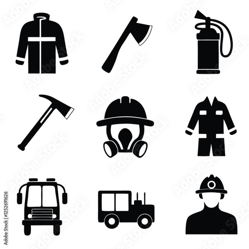 Professional Firefighter Gear and Symbols in Silhouette