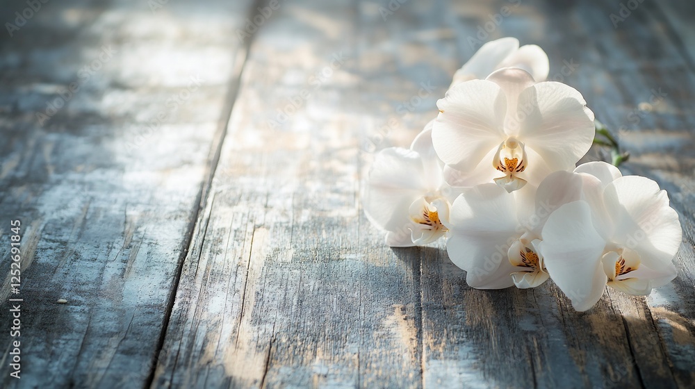 Fototapeta premium Serene White Orchids on Rustic Wooden Surface: A Study in Tranquility and Natural Beauty