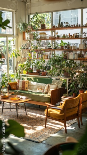 Cozy indoor garden with natural light and comfortable seating in a plant-fill...