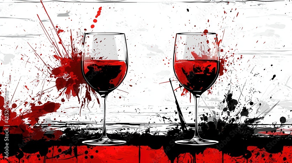 Fototapeta premium Red Liquid Spills On Wine Glasses On White Wood Background with Pixelated Elements