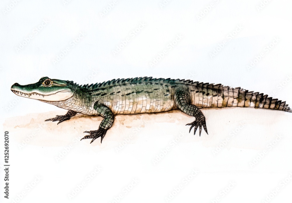 Obraz premium A hand drawn illustration of a young alligator, light beige background, showing its scales and features in detail, exhibiting a watercolor style