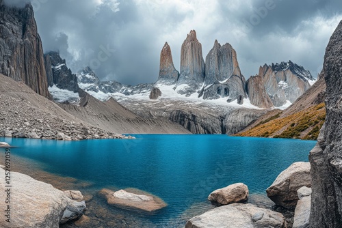 Serene lake surrounded by mountains and grassland in a cloudy atmosphere