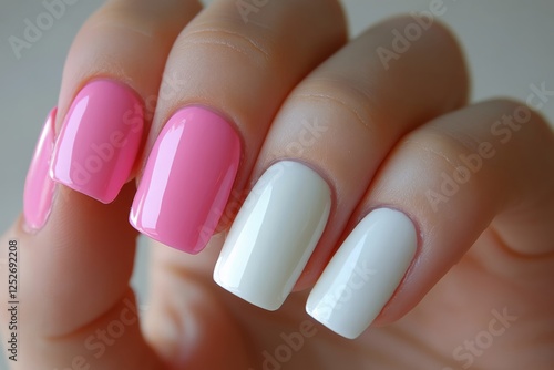 Bright pink and white nail design showcasing stylish manicure on elegant hand