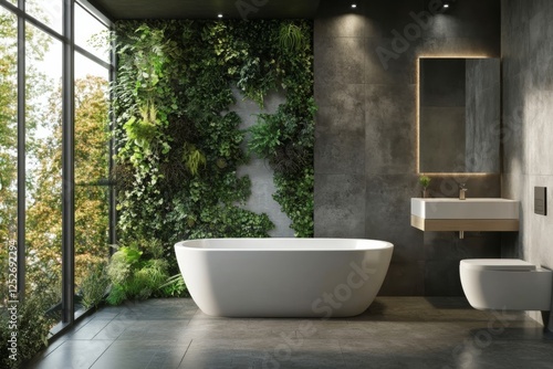 Modern bathroom with natural elements and large windows showcasing greenery o...