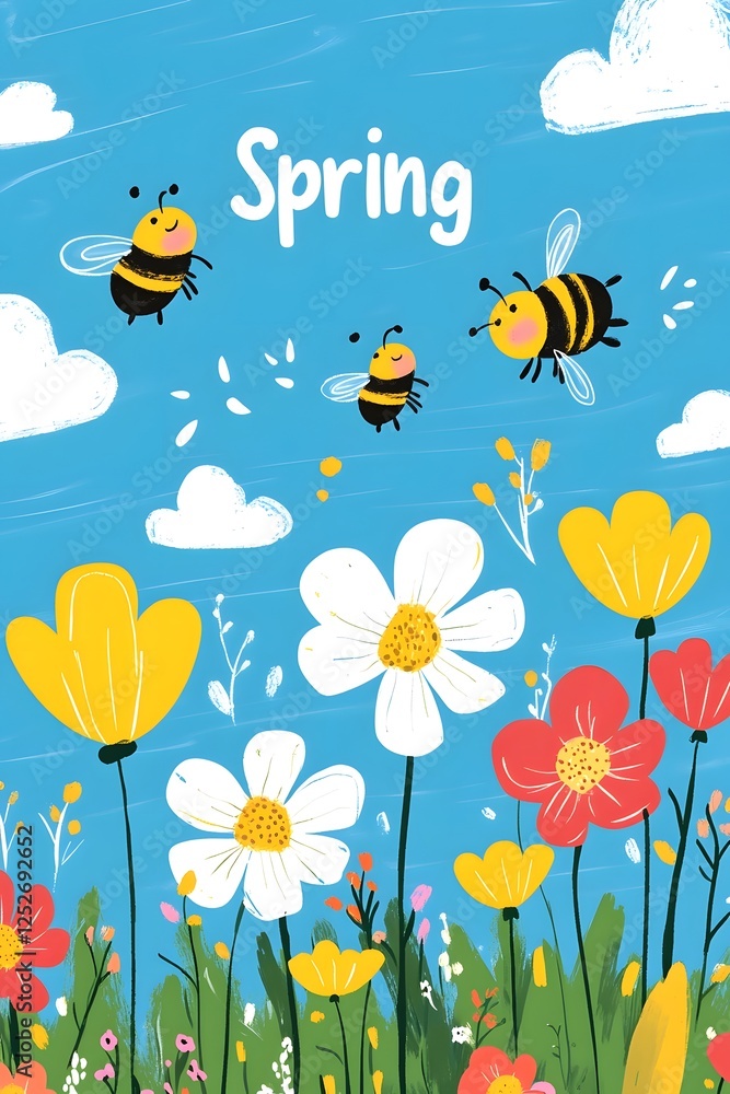 Playful Spring Scene with Cartoon Flowers, Buzzing Bees, and a Cheerful Blue Sky Playful Spring Scene with Cartoon Flowers, Buzzing Bees, and a Cheerful Blue Sky