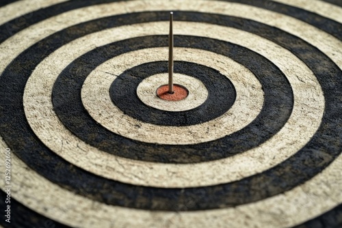 Dart with heart-shaped tip hits center of target on a bullseye in a calm setting