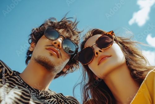 Couple enjoying nature while wearing sunglasses and gazing into the distance ...