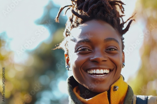 Bright smile of a woman showcasing healthy teeth on a sunny day