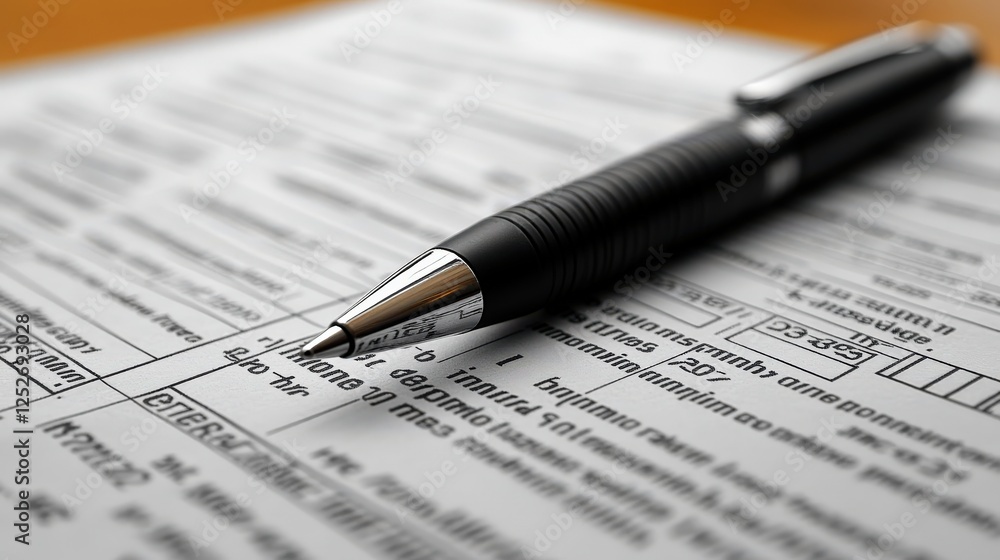 Close-up of a sleek pen resting on a detailed document, showcasing precise writing and clarity Close-up of a sleek pen resting on a detailed document, showcasing precise writing and clarity