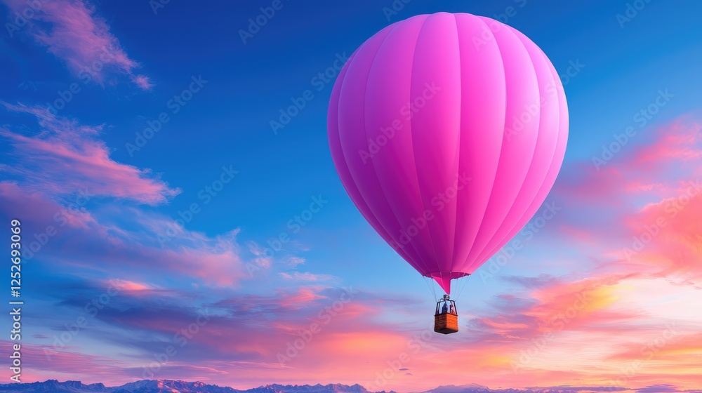 Fototapeta premium Pink hot air balloon sunset flight, travel adventure