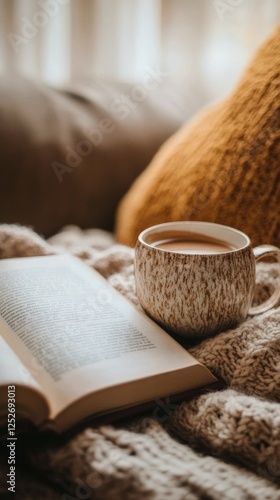Cozy afternoon with a book and warm beverage on a knitted blanket