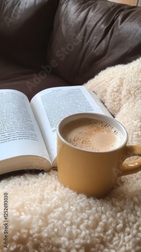 Cozy afternoon with a book and warm beverage on a knitted blanket