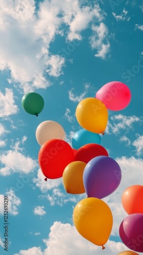 Colorful balloons floating against a bright blue sky during a sunny day in a ...