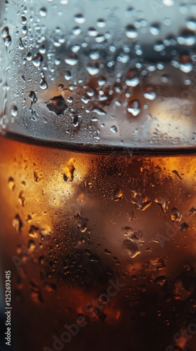 Refreshing cold drink with condensation on glass captured in warm evening light