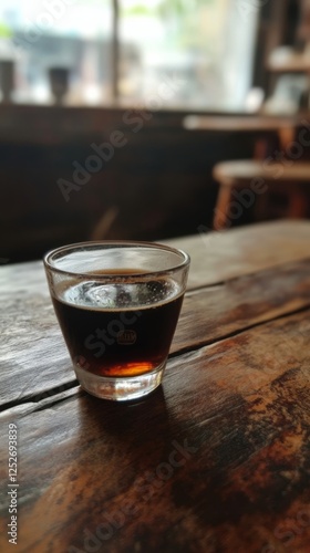 Hot black coffee in a white cup on a wooden table during morning light