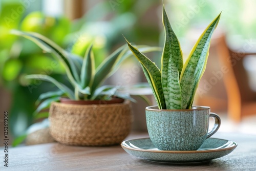 Green cup and saucer beside a potted plant on a wooden table during morning l...