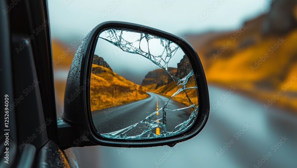 A close-up shot of a broken side mirror on a car, with a cracked reflection of a clear sky, set against a blurred road background. A close-up shot of a broken side mirror on a car, with a cracked reflection of a clear sky, set against a blurred road background.