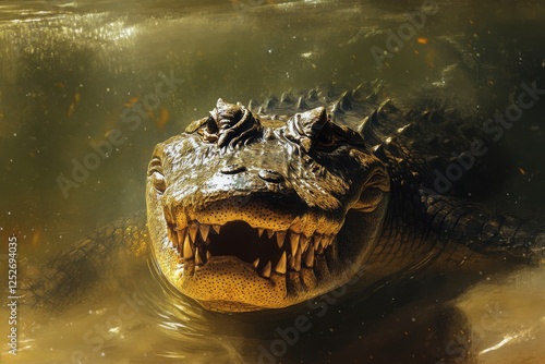 Crocodile with powerful jaws swimming in murky water