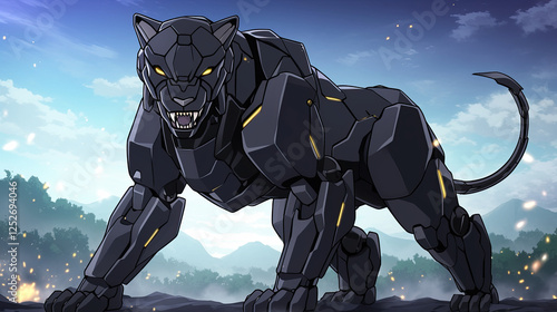 Black panther standing on a rock beside a futuristic anime robotic lion with metallic armor in a vibrant animated landscape photo